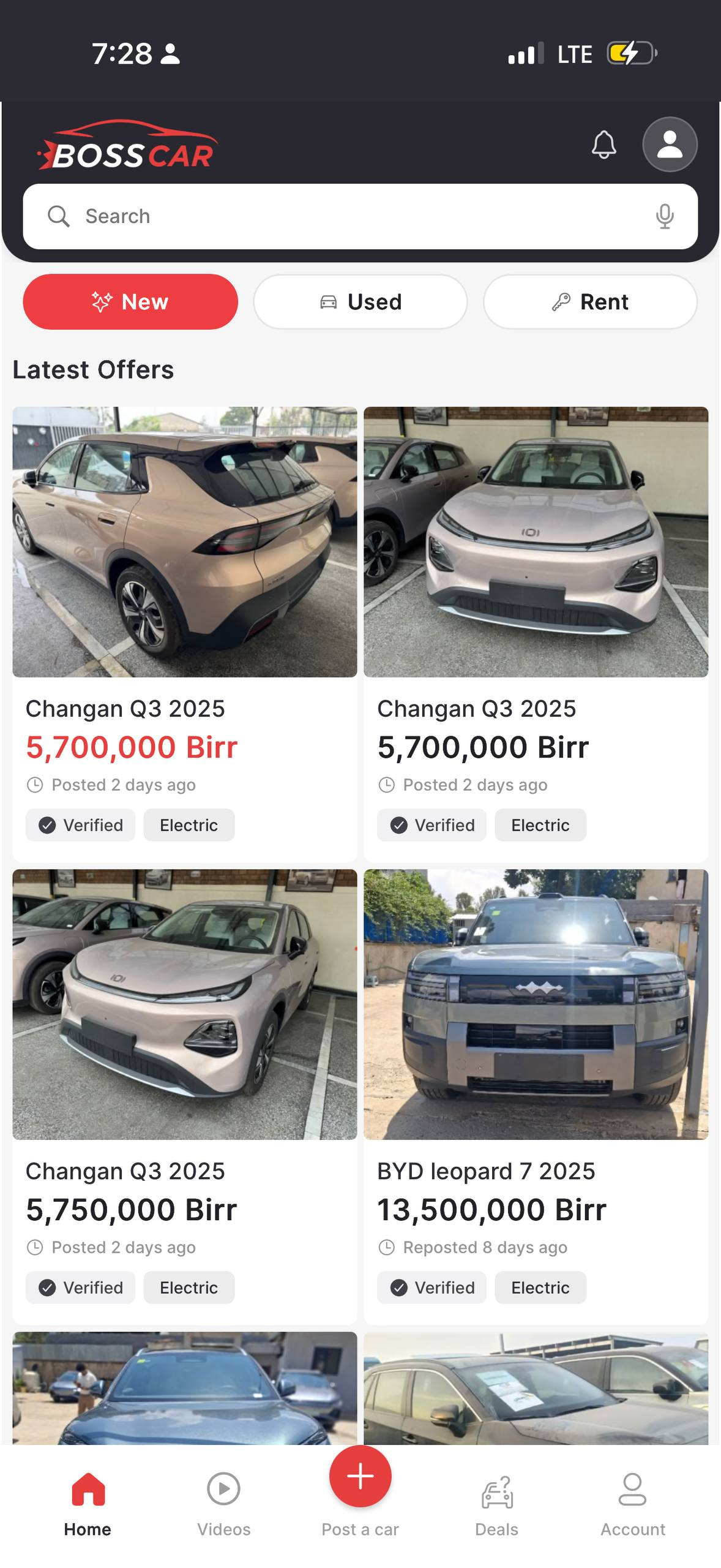 BossCar app home screen showing new cars for sale